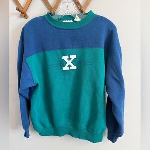 Vintage Blue & Green Colorblock Graphic Sweatshirt Steeple Chase Size L /med fit